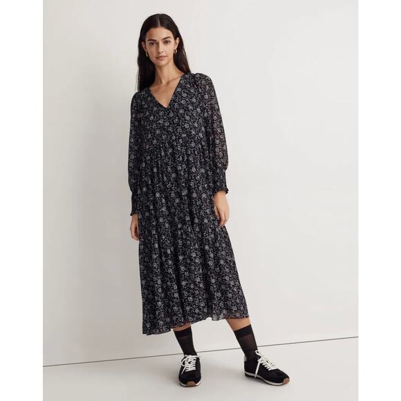 MADEWELL Georgette V-Neck Tiered Midi Dress in Enchanted Floral Black {TT38} - Picture 1 of 8